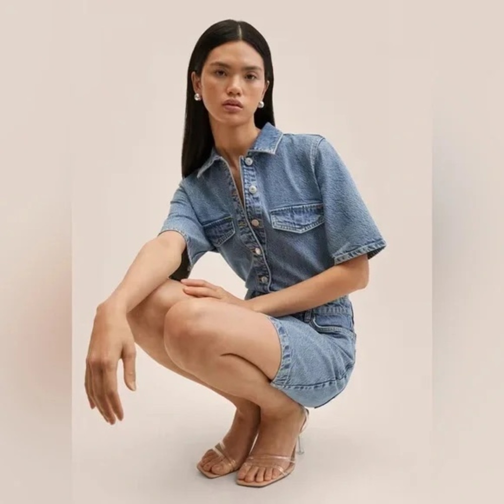 NEW MNG Mango Short Sleeve Cotton 5-Pocket Collared Mini Denim Shirt Dress Sz 18 - Picture 4 of 14